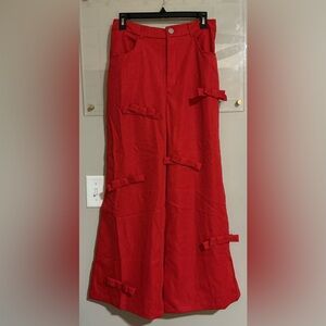 SHEIN Red Straight Leg Pants with Bow Accents